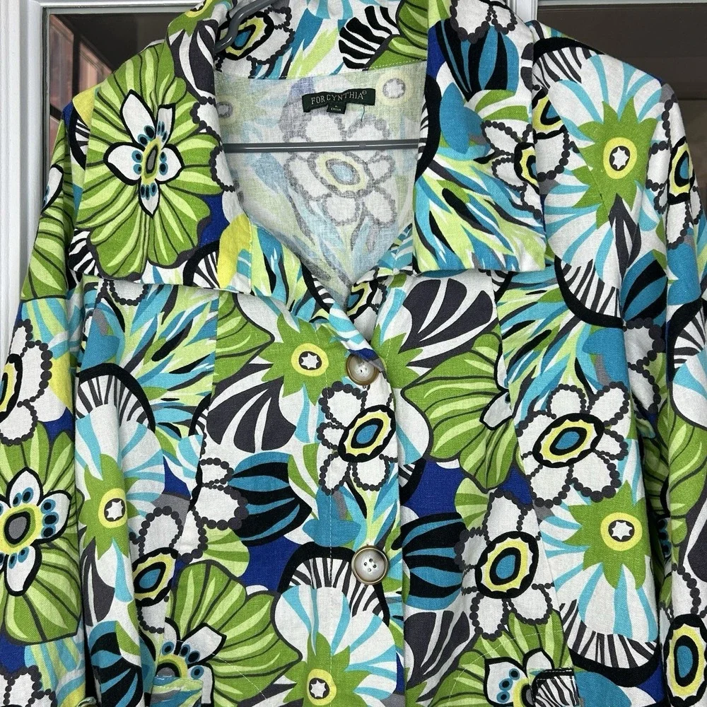 For Cynthia Linen Blend Floral Print Button Down Top Roll Tab Cuff Tunic Size L‎
